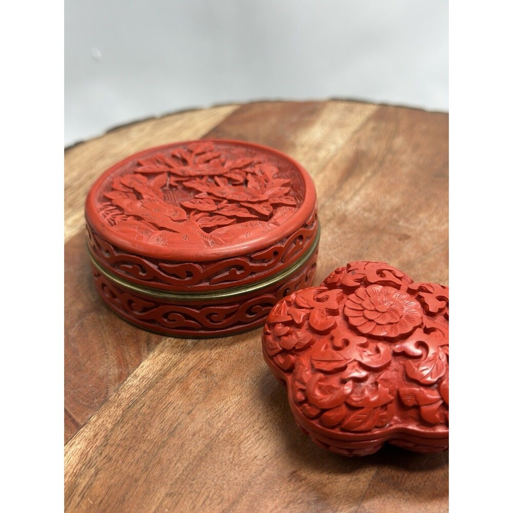 Cinnabar Trinket / Pill Boxes Enamel Brass Asian Carved Handmade